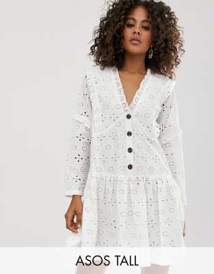 ASOS DESIGN Tall broderie button through tiered smock mini dress in white