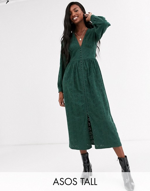 ASOS DESIGN Tall broderie midi dress with hook and eye in forest green
