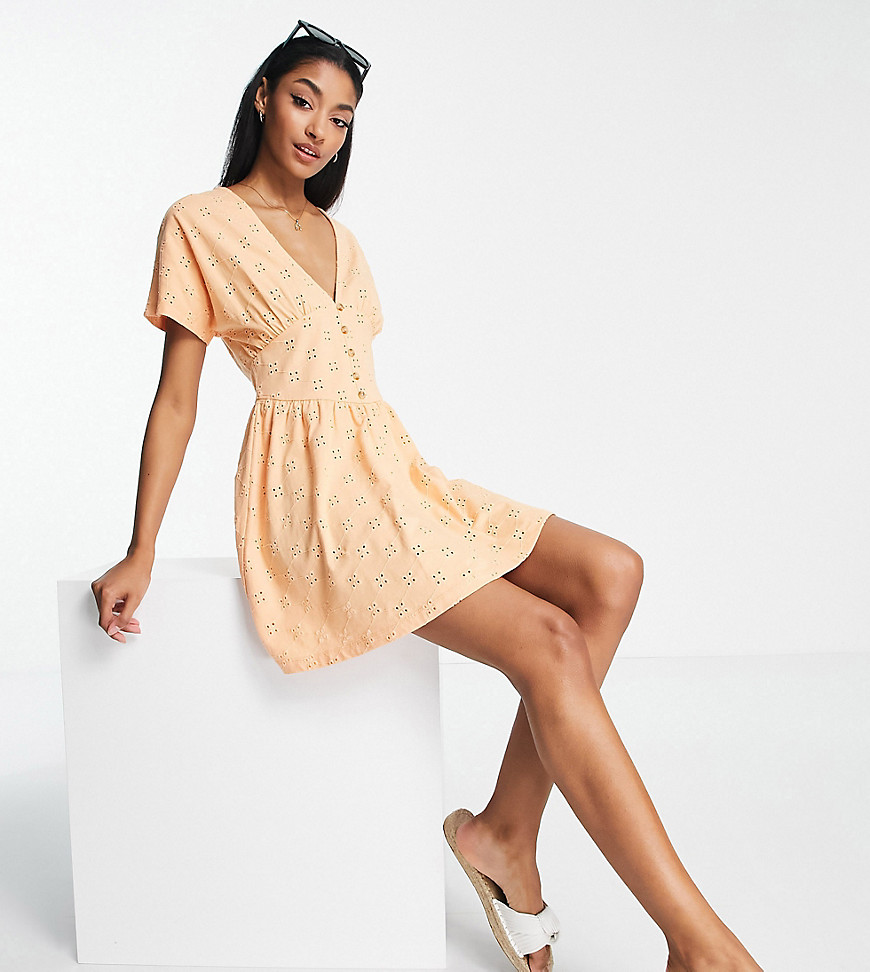 Asos Tall Asos Design Tall Broderie Mini Tea Dress With Buttons In Coral-pink
