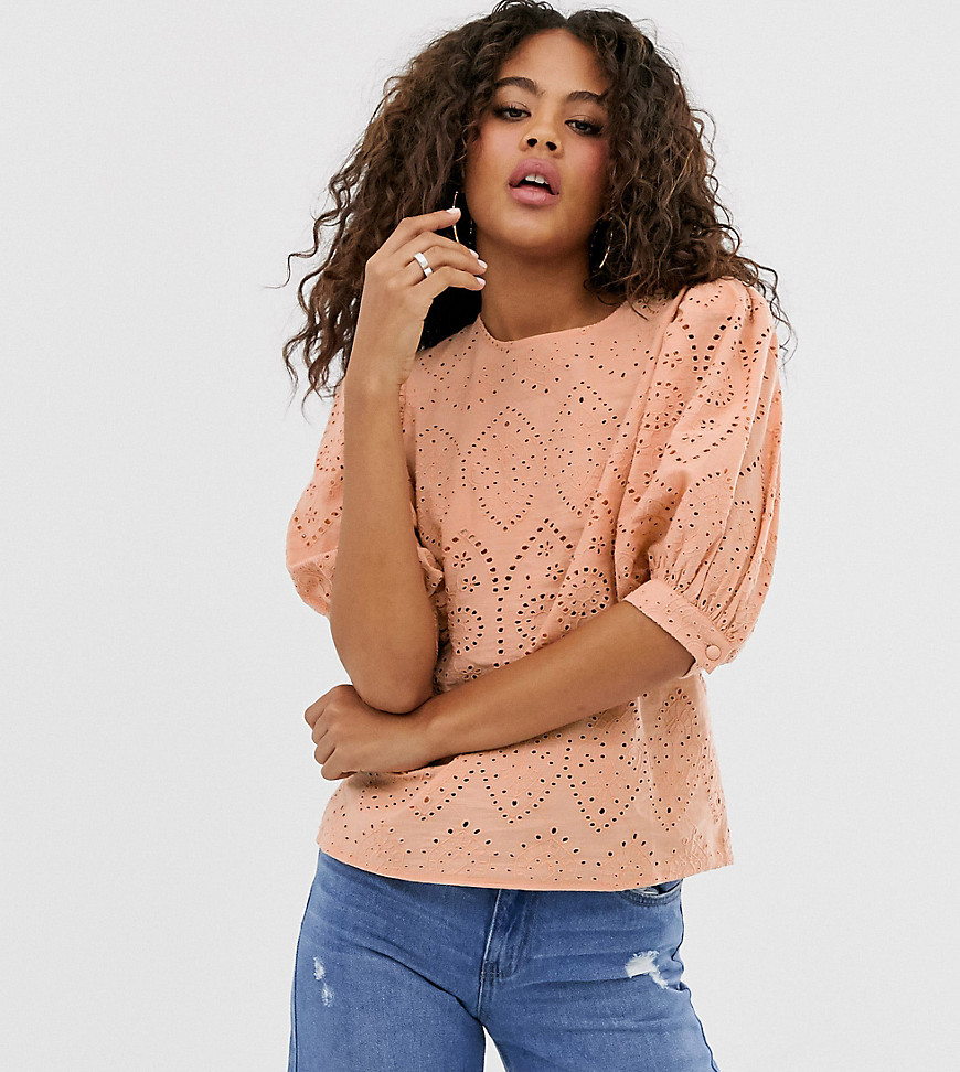 ASOS DESIGN Tall broderie short sleeve top with volume sleeves-Pink