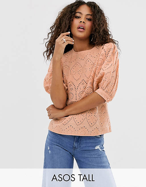 ASOS DESIGN Tall broderie short sleeve top with volume sleeves