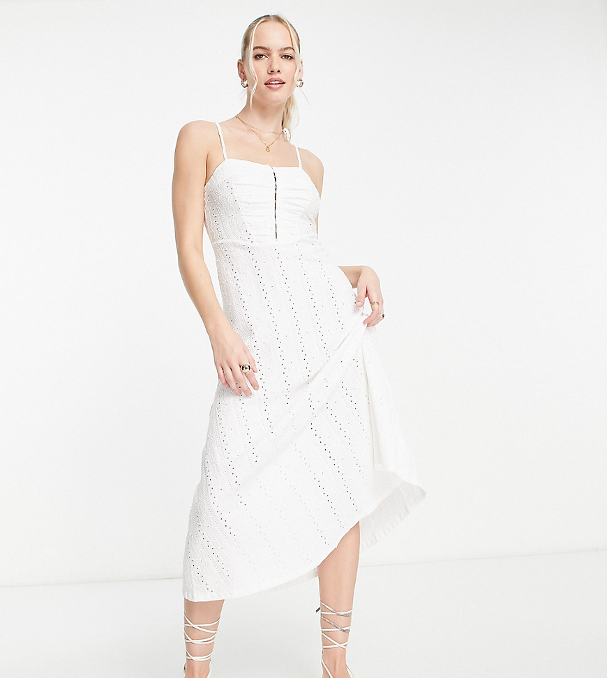Asos Tall Asos Design Tall Broderie Strappy Midi Tea Dress With Hook And Eye Detail In White