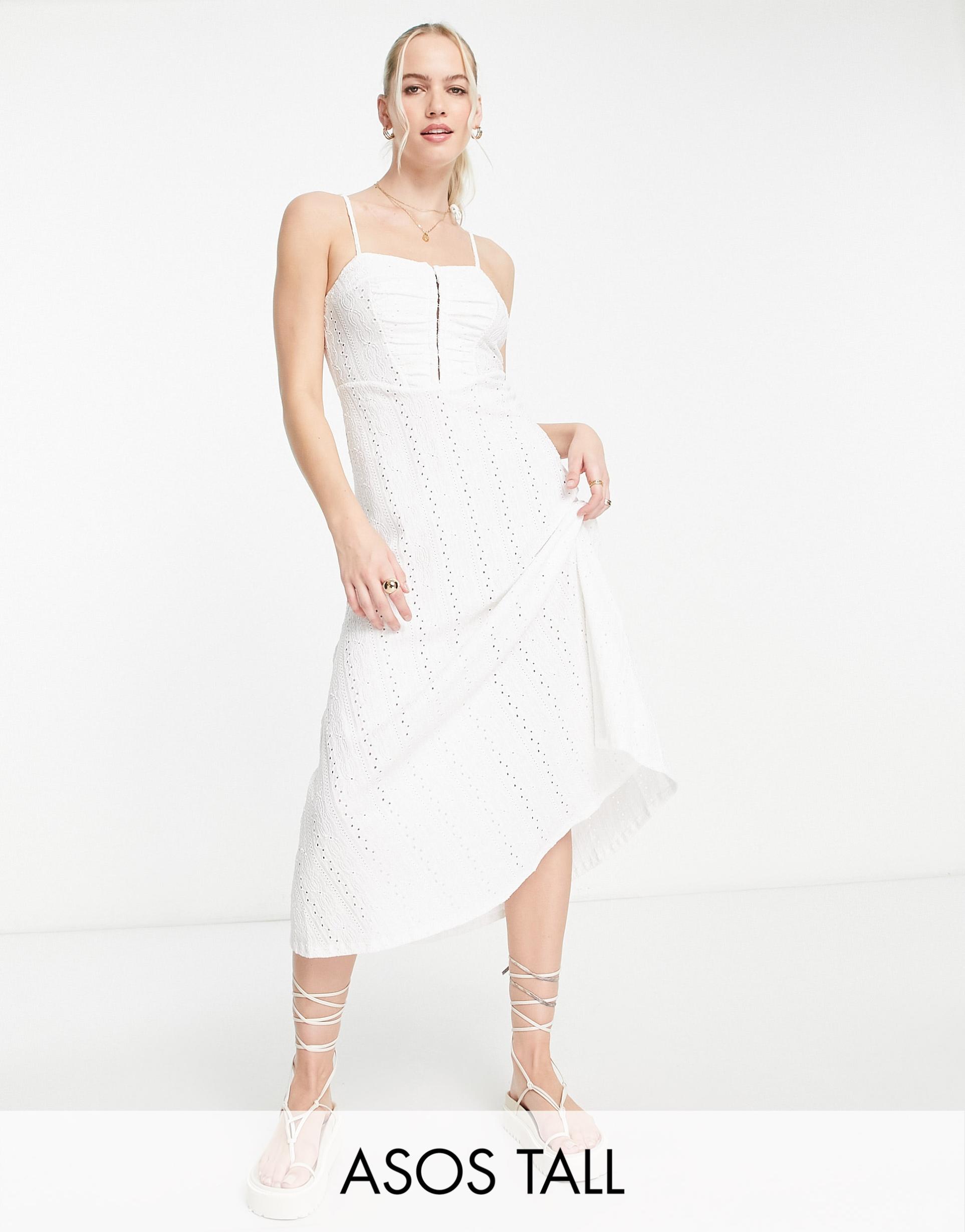 asos design tall broderie strappy midi tea dress with hook and eye detail in white