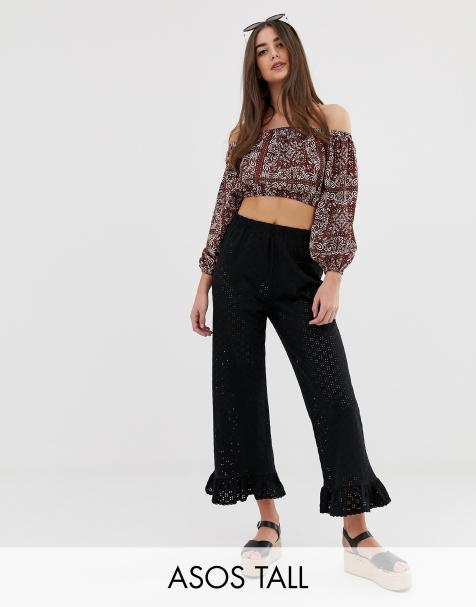 ASOS DESIGN Tall broderie trouser with ruffle hem and trim