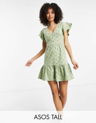 Asos Tall Asos Design Tall Broderie Vneck Buttonthrough Mini Dress