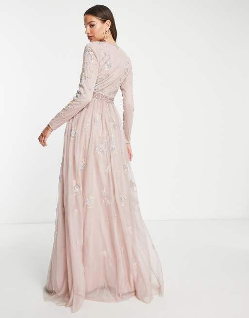 ASOS DESIGN Tall - Brudepiger - Rosa langærmet maxikjole med perleudsmykning og blomsterbroderi, 2 af 4