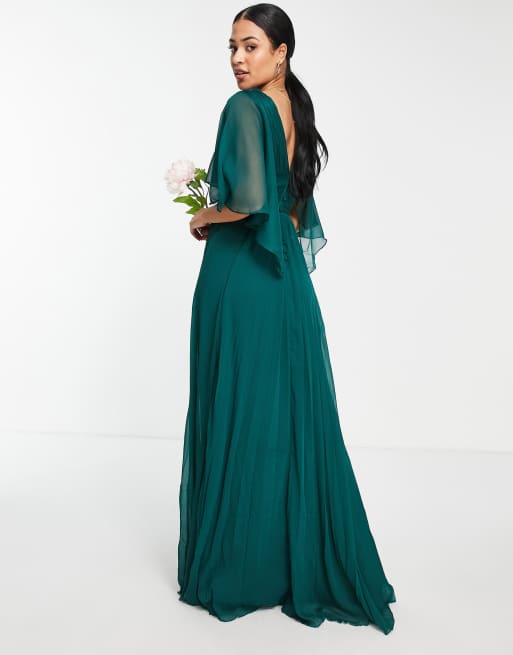 ASOS DESIGN Tall - Brudepiger - Skovgrøn draperet maxikjole med rynket overdel og slå-om i taljen, 2 af 4