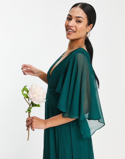 ASOS DESIGN Tall - Brudepiger - Skovgrøn draperet maxikjole med rynket overdel og slå-om i taljen, 3 af 4