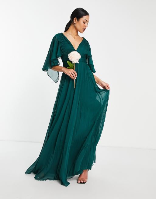 ASOS DESIGN Tall - Brudepiger - Skovgrøn draperet maxikjole med rynket overdel og slå-om i taljen, 4 af 4