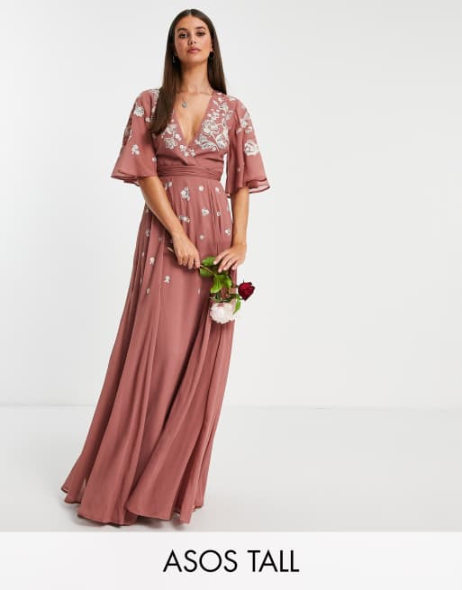 ASOS DESIGN Tall - Brudepiger - Slå-om-maxikjole med flagermusærmer og tonet blomsterbroderi 