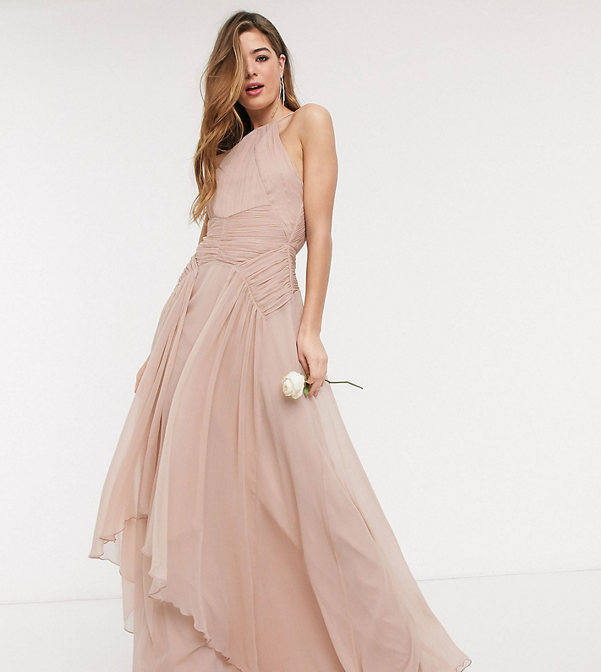 ASOS DESIGN Tall - Bruidsmeisje - Lange overgooier-jurk met aangerimpeld lijfje en gelaagde rok-Roze