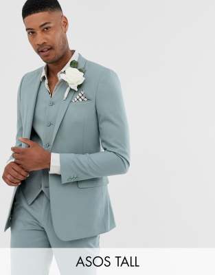 ASOS DESIGN Tall wedding skinny suit jacket in pastel blue Blue