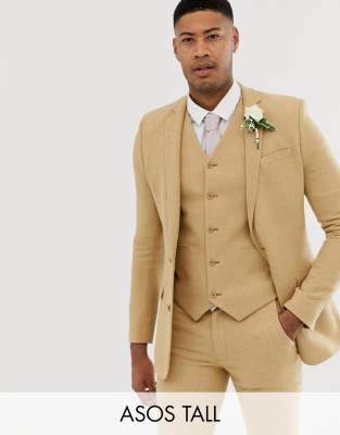ASOS DESIGN Tall wedding super skinny suit jacket in stone micro check-Beige Beige