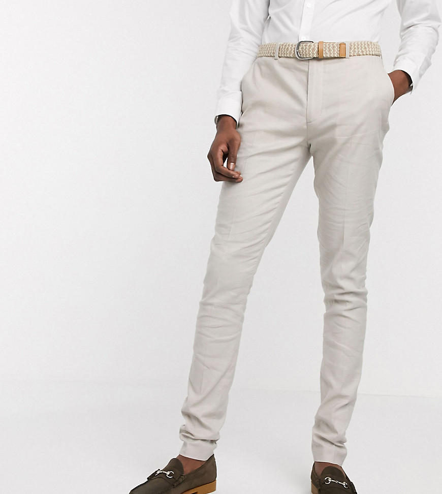 ASOS DESIGN - Tall - Bruiloft - Superskinny pantalon van stretchkatoen linnen in kiezelkleur-Kiezelkleurig