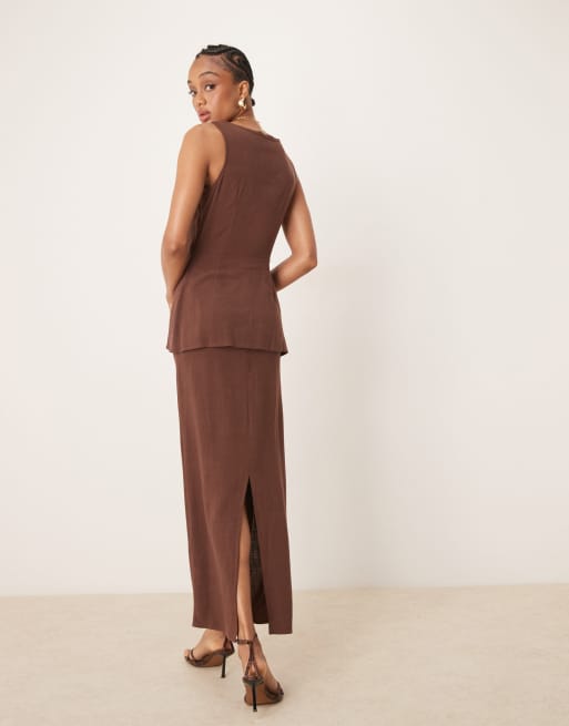 ASOS DESIGN Tall – Brun midiklänning i linnetyg med kostymvästdesign, 3 av 4