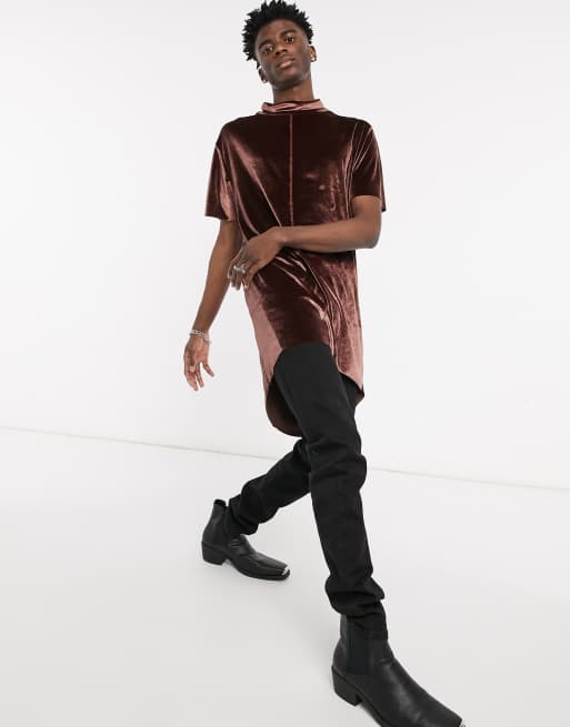 ASOS DESIGN Tall – Brun t-shirt i velour i extra lång modell med ståkrage och avslappnad passform, 4 av 4