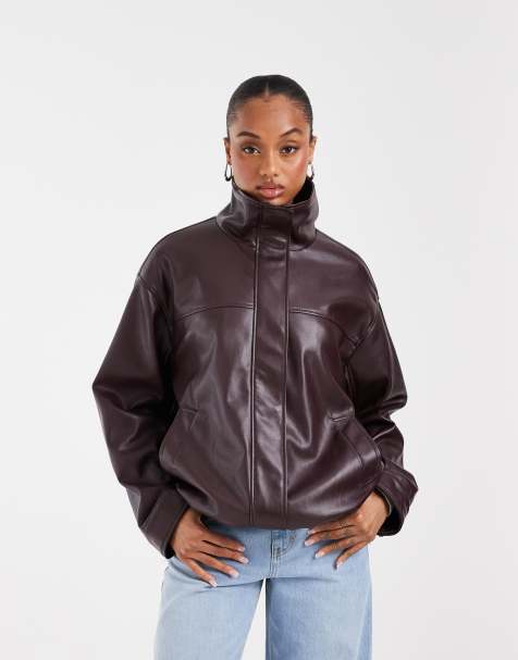 ASOS DESIGN Tall – Brunlila, enkel bomberjacka i läderimitation med ståkrage - view 1
