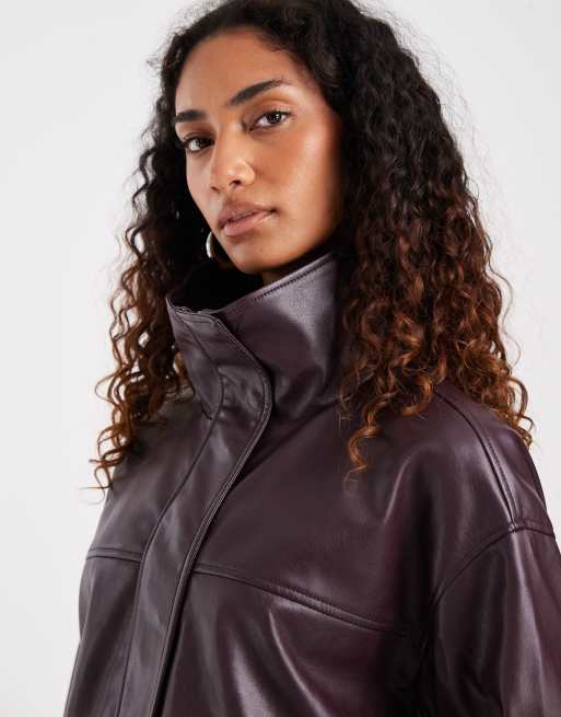ASOS DESIGN Tall – Brunlila, enkel bomberjacka i läderimitation med ståkrage, 3 av 4