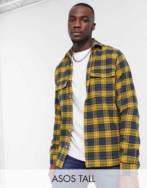 ASOS DESIGN Tall brushed flannel overshirt in blue and yellow tartan check with chest pockets