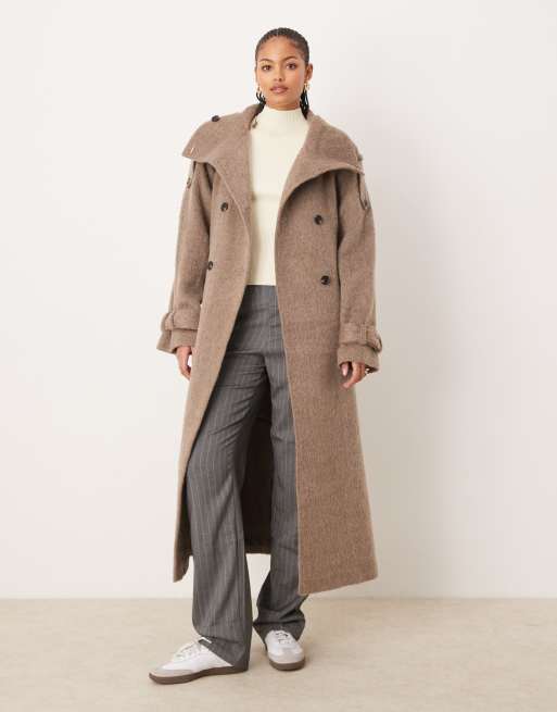 ASOS DESIGN Tall brushed funnel neck trench coat in mushroom ASOS