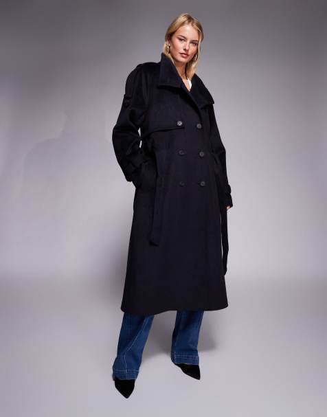 ASOS DESIGN Tall brushed longline funnel neck trench coat in navy - view 1