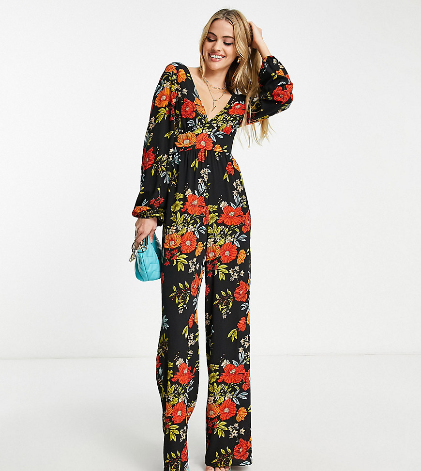 ASOS DESIGN Tall bubble crepe button back long sleeve jumpsuit in floral print-Multi