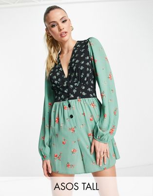 ASOS DESIGN Tall bubble crepe plunge neck playsuit with puff sleeve in mixed print - ASOS Price Checker