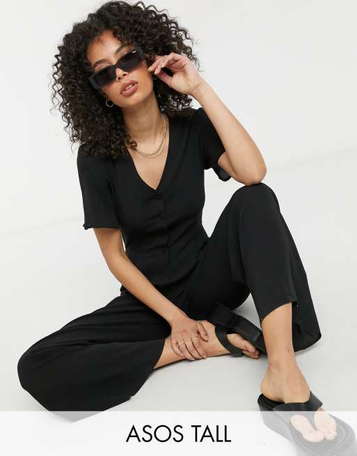 ASOS DESIGN tall bubble crepe short sleeve tea culotte jumpsuit in black