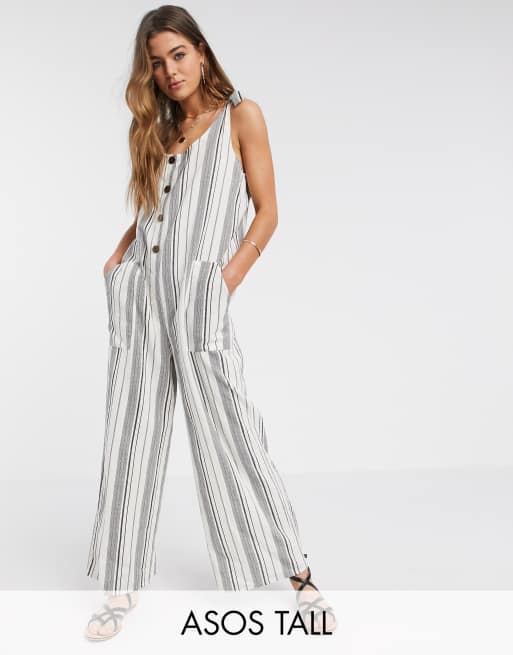 ASOS DESIGN tall button front dungaree jumpsuit in washed stripe print