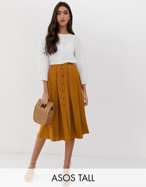 ASOS DESIGN Tall button front floaty midi skirt with pleats