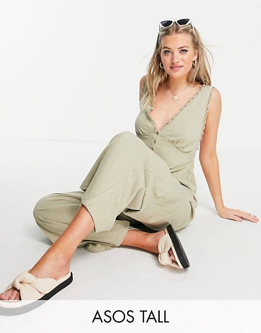 Women tall button front lace trim swing jumpsuit in khaki 