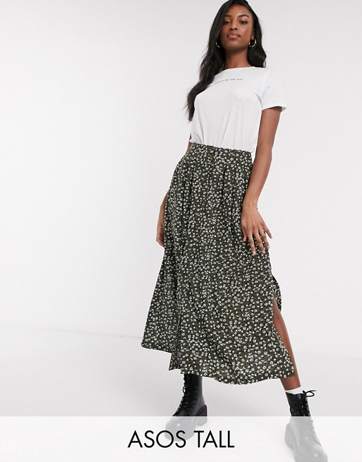 ASOS DESIGN Tall button front midi skirt in green floral print