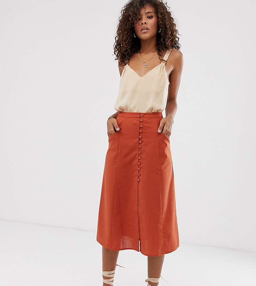 ASOS DESIGN Tall button front midi skirt-Red