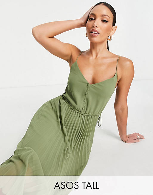 Dresses Tall button front pleated cami midi dress with drawstring waist in khaki 