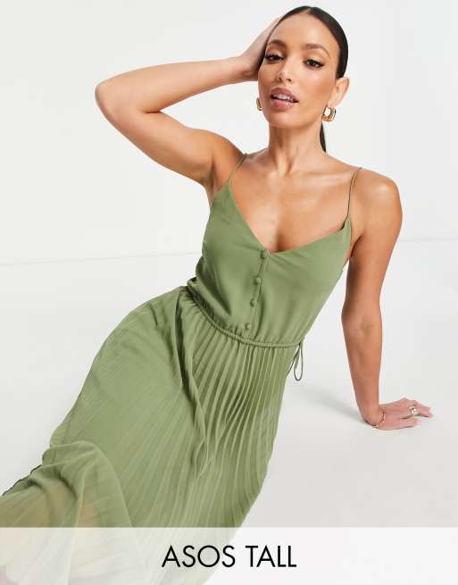 Asos Design Tall Button Front Pleated Cami Midi Dress With Drawstring Waist In Khaki Asos 7854