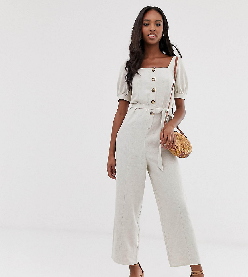 ASOS DESIGN Tall button front tie waist puff sleeve jumpsuit with short sleeves-Beige
