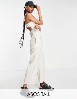 Asos Design Tall Button Open Back Minimal Jumpsuit In Stone-Neutral