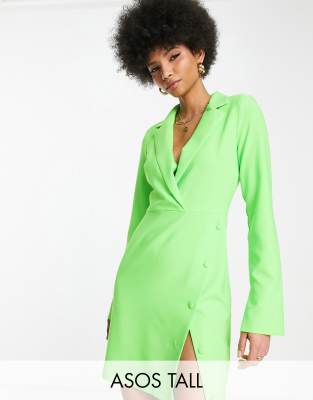 Asos Design Tall Button Split Skirt Blazer Mini Dress In Neon Green