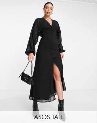 ASOS DESIGN Tall button through batwing sleeve midi dress in chevron dobby in black
