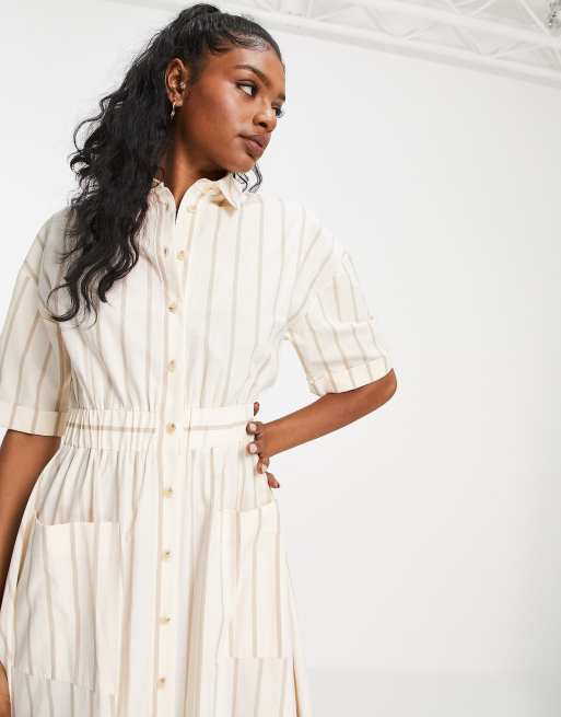 ASOS DESIGN Tall button through elastic waist midi shirt dress in stripe print