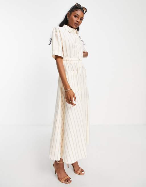 ASOS DESIGN Tall button through elastic waist midi shirt dress in stripe  print