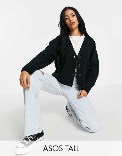 ASOS DESIGN Tall button through fluffy boxy cardi in black