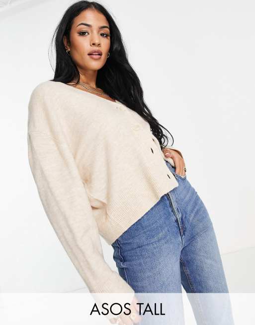 ASOS DESIGN Tall button through fluffy boxy cardigan in oatmeal ASOS