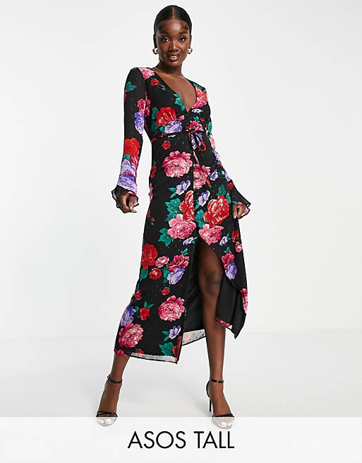 ASOS DESIGN Tall button through maxi tea dress with fluted sleeves in rose floral