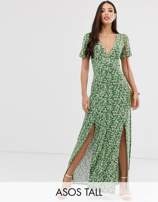 ASOS DESIGN Tall button through maxi tea dress with splits in ditsy print