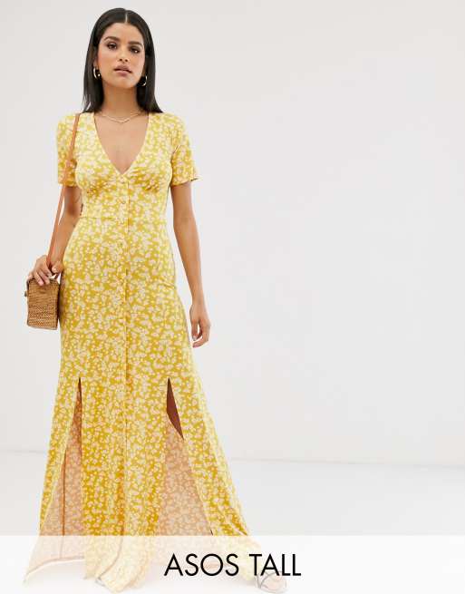 ASOS DESIGN Tall button through maxi tea dress with splits in ditsy print