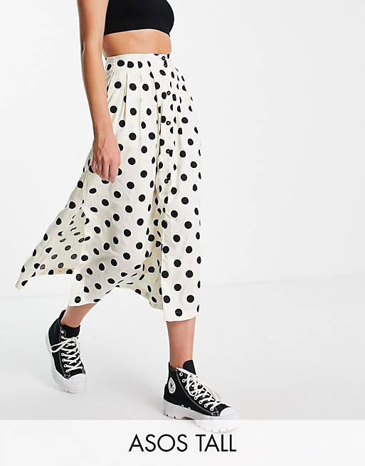 ASOS DESIGN Tall button through midi skirt with deep pocket detail in cream & black spot print