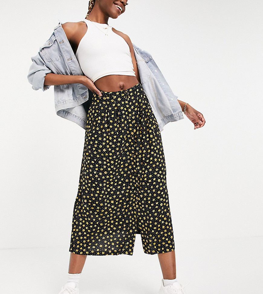 ASOS DESIGN Tall button through midi skirt with deep pocket detail in yellow floral and spot print-Multi