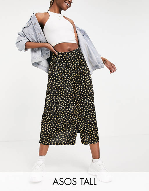 Skirts Tall button through midi skirt with deep pocket detail in yellow floral and spot print 