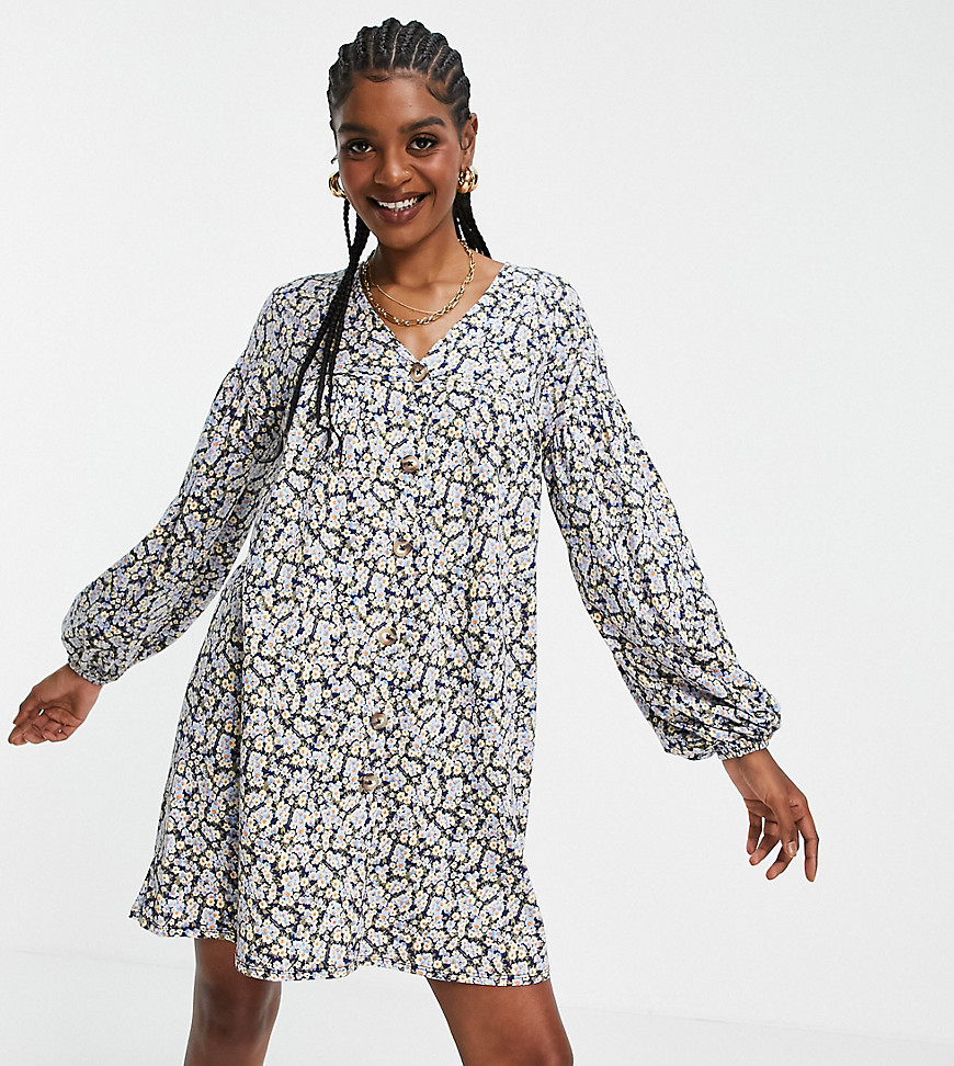 ASOS DESIGN Tall button through mini smock dress with long sleeves in yellow and blue floral